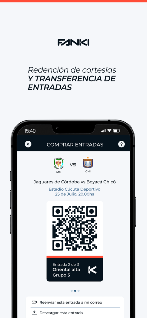 Digital soccer match ticket with QR code on the Fanki mobile app interface