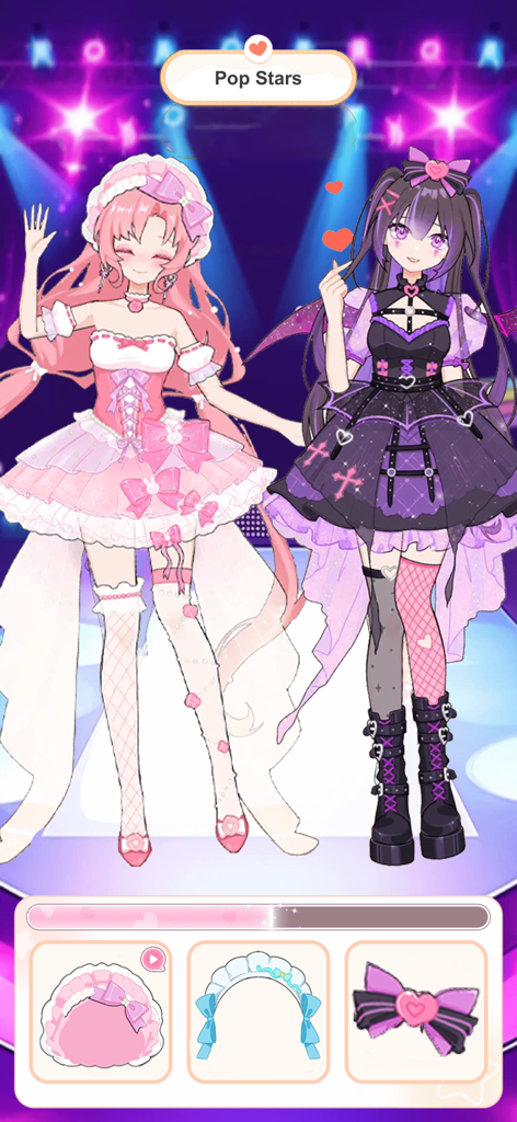 Love Idol: Beauty Dress Up - Dos estrellas del pop estilo anime con atuendos rosas y morados en un escenario