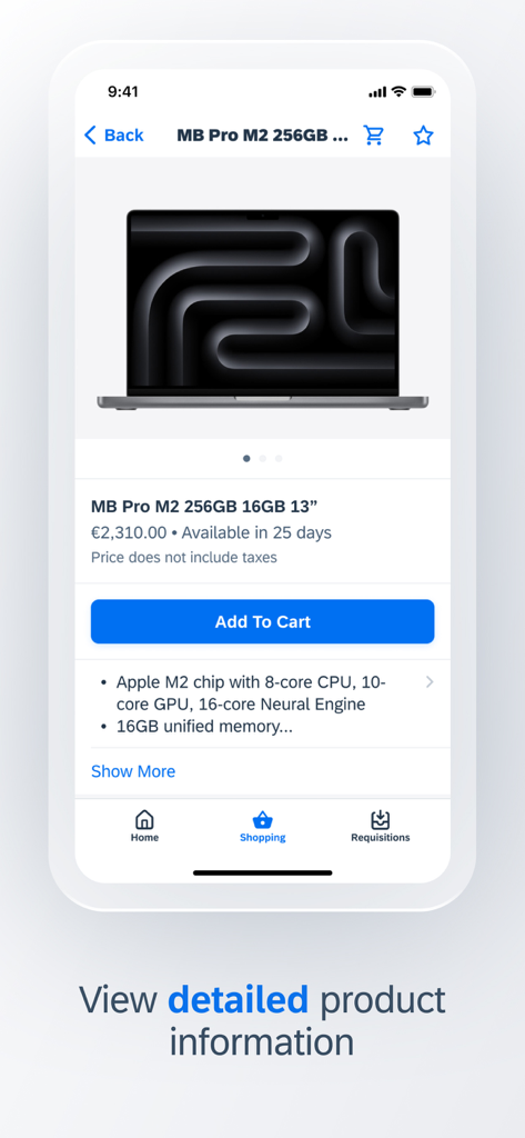 SAP Ariba Shopping - Captura de pantalla de la aplicación SAP Ariba Shopping mostrando información detallada del producto y un botón de agregar al carrito para un MacBook Pro.