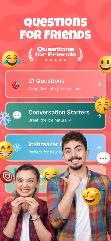 Questions for Friends: Talksy - Interfaz de la aplicación Talksy que muestra modos de juego como 21 Preguntas y Iniciadores de Conversación con dos amigos alegres