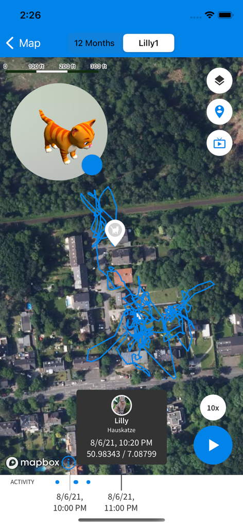 Animal Tracker - A satellite map view in the Animal Tracker app showing the movement path of a domestic cat named Lilly over a residential area.