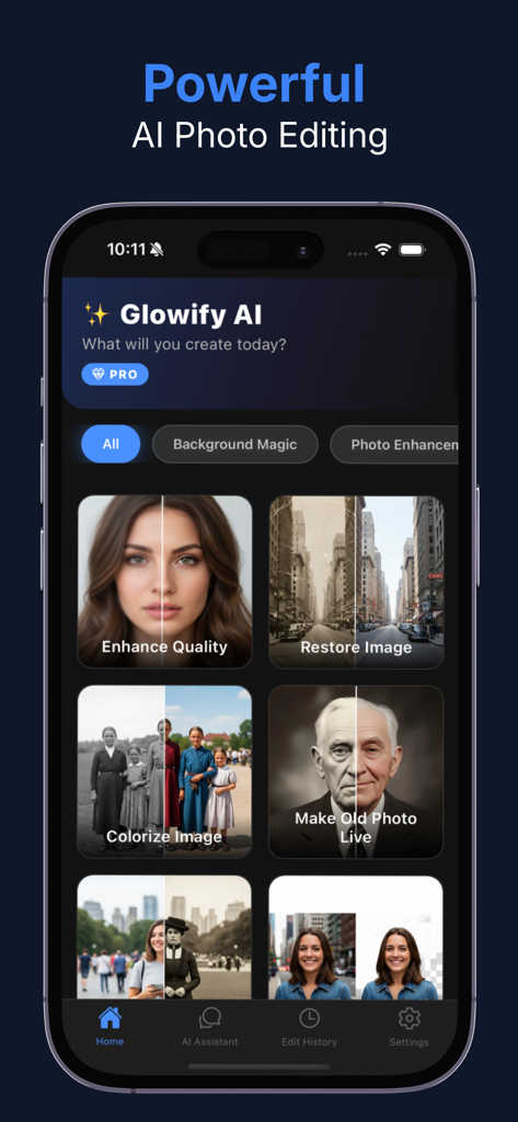 AI Photo Editor : Glowify AI - Glowify AI app interface displaying photo editing templates like enhance quality and colorize image