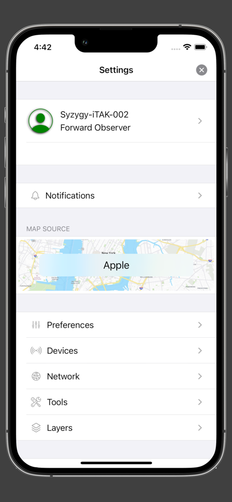 iTAK - iTAK app settings screen displaying user profile and navigation options
