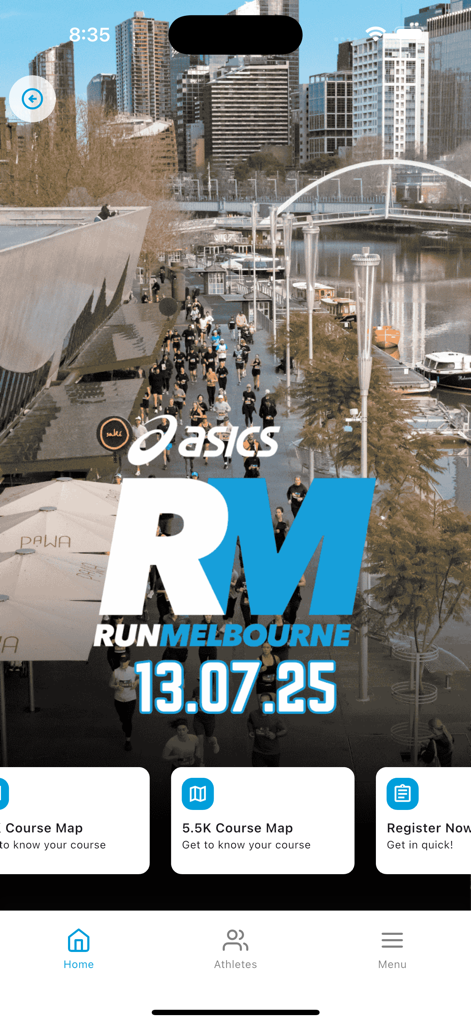 Sole Motive - Sole Motive app home screen displaying the Run Melbourne event details and course maps