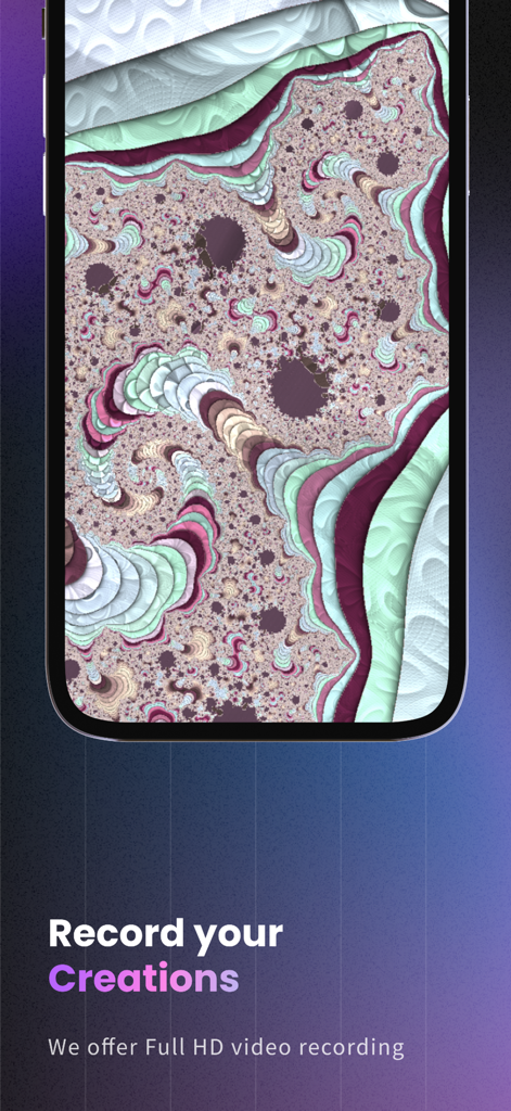 Magic Fractals 2D: Art Therapy - A colorful fractal pattern on a smartphone screen illustrating the app video recording feature for digital art therapy.