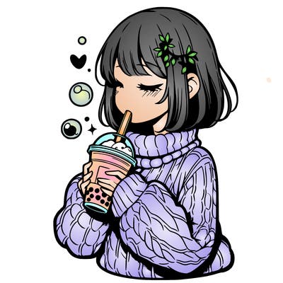 manga girl drinking boba in cozy sweater