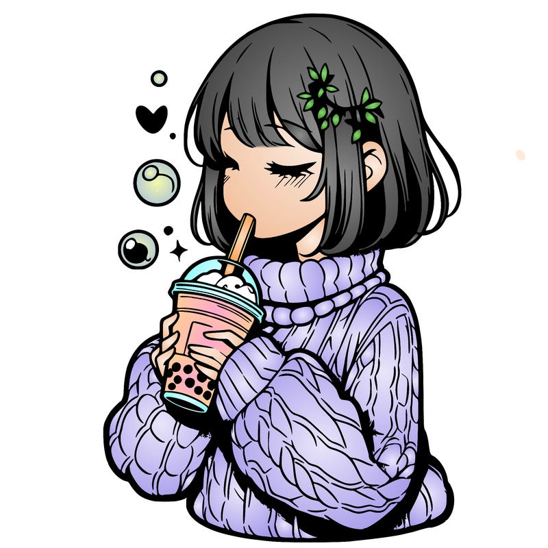 manga girl drinking boba in cozy sweater