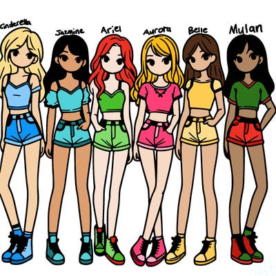 a group of girls wearing crop tops and shorts