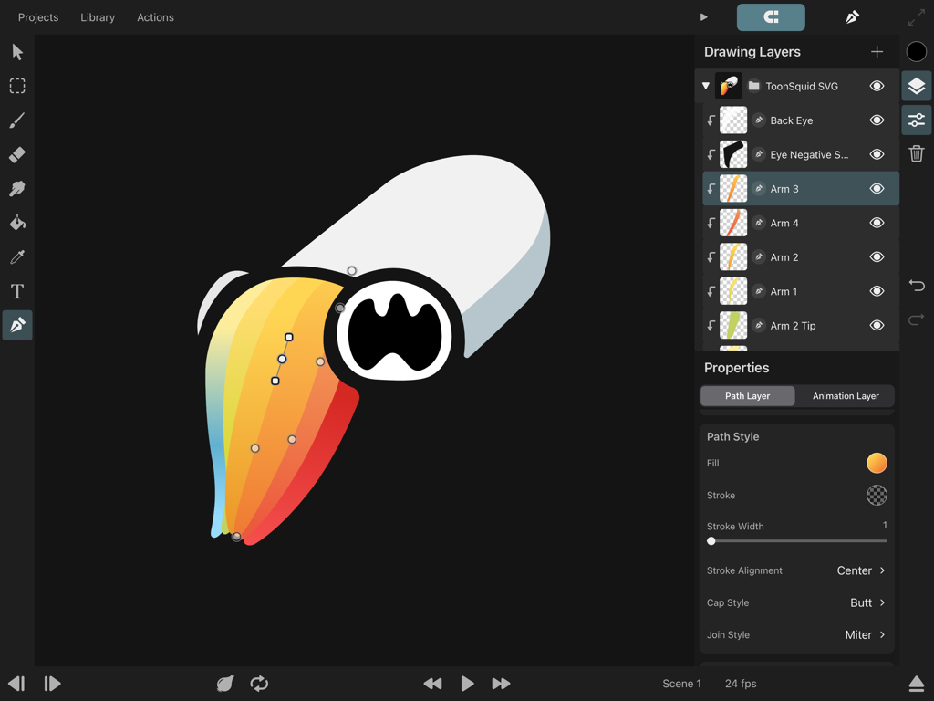 ToonSquid - ToonSquid animation app interface on iPad showing drawing layers and vector path editing for a colorful character