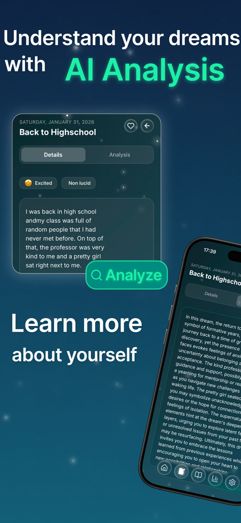Dreamee - Dream Journal - Captura de tela da interface do aplicativo Dreamee mostrando análise de entrada de diário de sonhos com IA