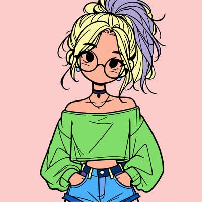 girl with a messy ponytail glasses a baggy crop top and jean shorts