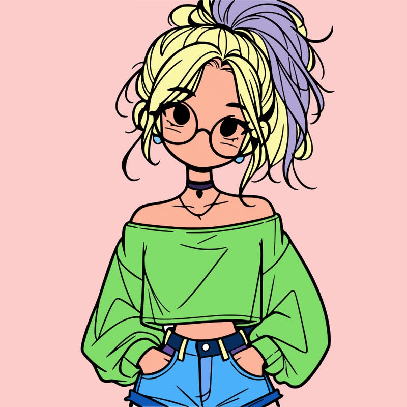 girl with a messy ponytail glasses a baggy crop top and jean shorts