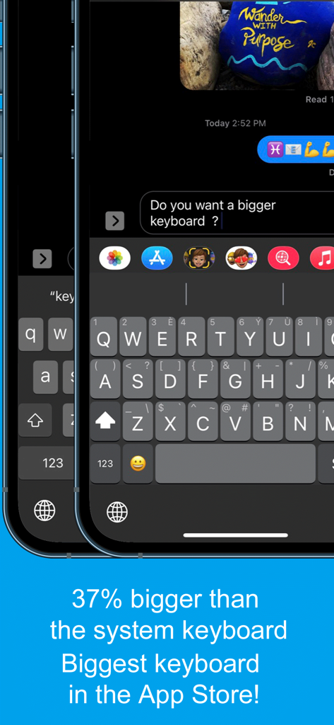 Screenshot of the Highlighted Large Keyboard app showing keys 37 percent bigger than the standard system keyboard for accessibility
