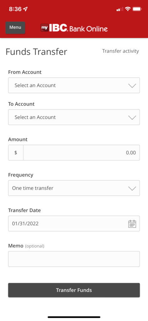 IBC Bank - IBC Bank app interface for transferring funds between accounts with fields for amount and date.