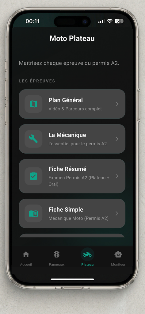 Code Moto ETM - Permis A A1 A2 - Interface de la section Moto Plateau montrant les catégories d'étude pour le permis moto français.