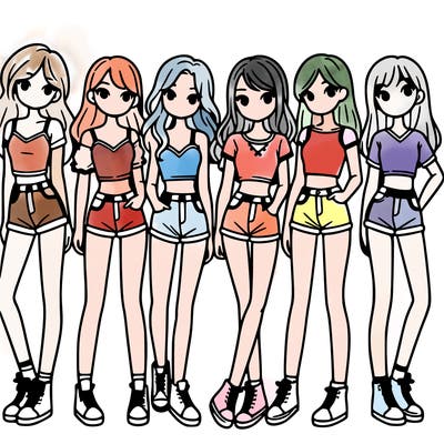 a group of girls wearing crop tops and shorts