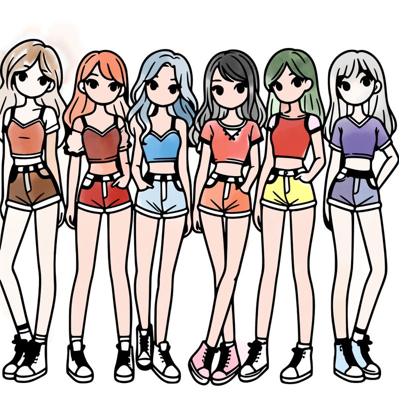 a group of girls wearing crop tops and shorts