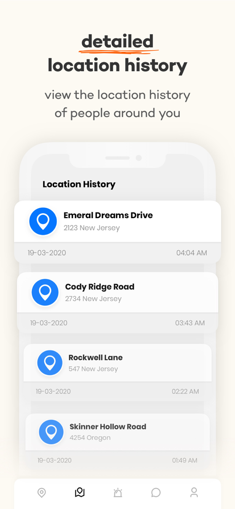 Locatoria - Find Location - Locatoriaアプリのスクリーンショット、日付と時刻とともに追跡された場所のリストを表示