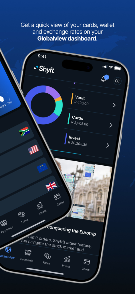 Shyft app Globalview dashboard displaying financial assets and multi-currency wallets