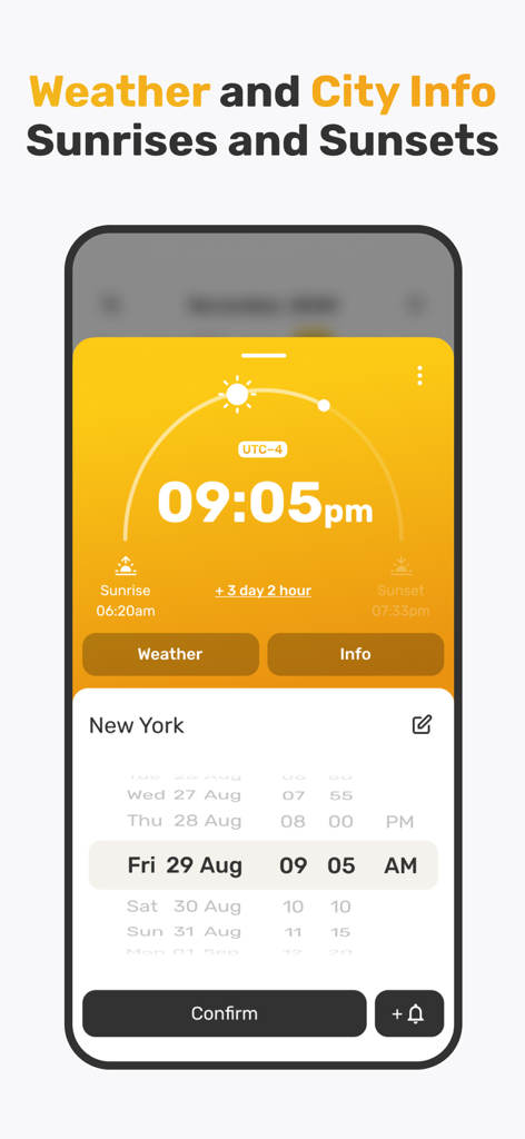 World Clock Widget & Weather - Interfaz de la aplicación World Clock para Nueva York que muestra datos de amanecer y atardecer con una herramienta de ajuste de hora