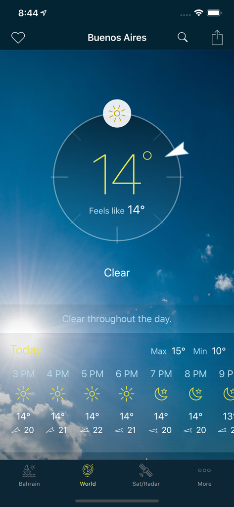Pronóstico mundial de la aplicación Bahrain Weather que muestra la temperatura actual y el cielo despejado