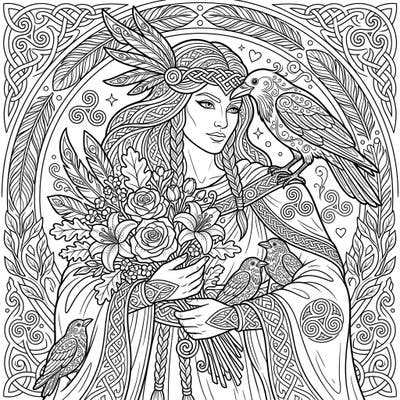 Celebrate the powerful blend of mystery and nurturing with this unique Mother's Day coloring page featuring the Celtic goddess, The Morrígan. Adorned with floral bouquets and symbolic birds, this intricate design offers a truly special way to honor maternal figures.