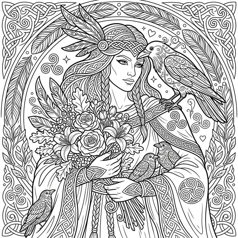 Celebrate the powerful blend of mystery and nurturing with this unique Mother's Day coloring page featuring the Celtic goddess, The Morrígan. Adorned with floral bouquets and symbolic birds, this intricate design offers a truly special way to honor maternal figures.