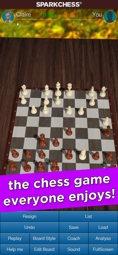 SparkChess Pro - A 3D chess board in SparkChess Pro showing a game in progress with interactive menu buttons like Coach and Analyse