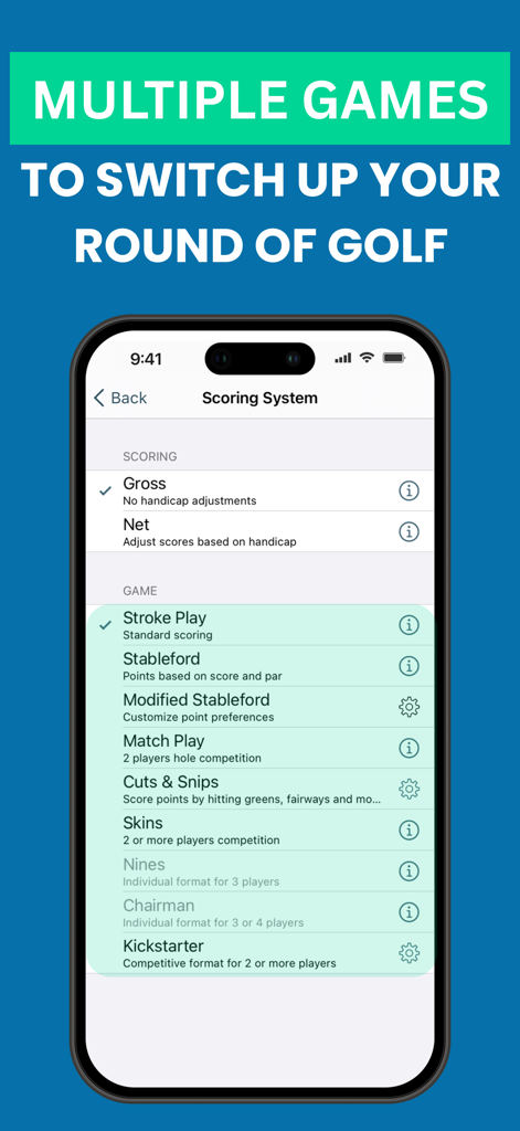 Golf Pad GPS Range Finder - 스트로크 플레이 및 스테이블포드와 같은 여러 골프 채점 시스템 및 게임 모드를 보여주는 골프 패드 앱의 메뉴.