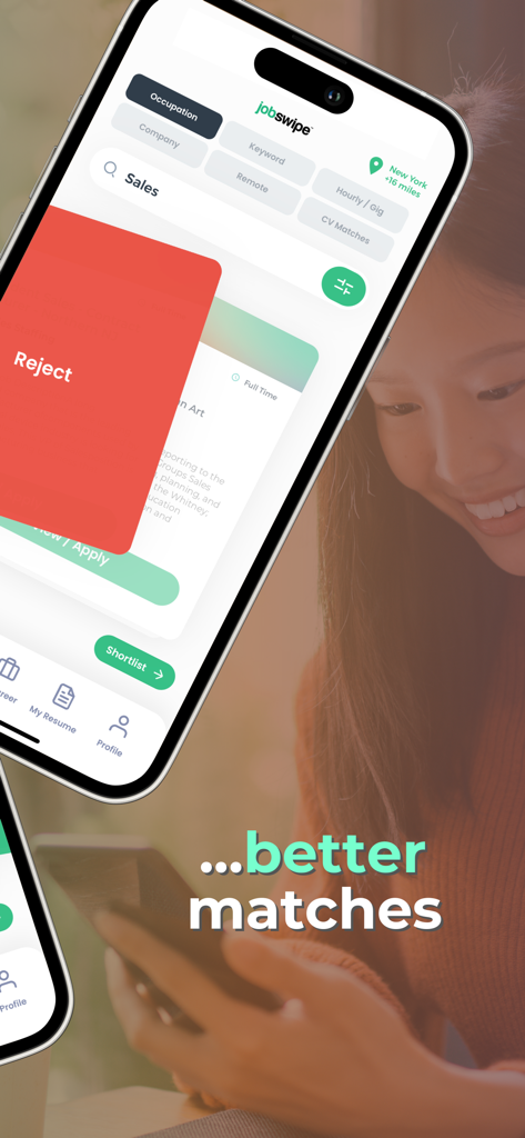 JobSwipe - Get a Better Job - Mobile Ansicht, die die JobSwipe-App-Oberfläche mit Optionen zum Ablehnen und Zurückstellen von Jobs zeigt.