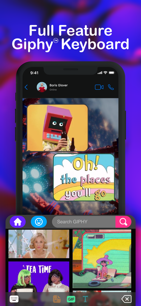 Interface of the Yo Live Wallpaper app showing its integrated GIPHY keyboard with various animated GIFs for messaging.