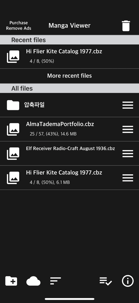 Pantalla de la biblioteca de Manga Viewer mostrando archivos de cómics y progreso de lectura
