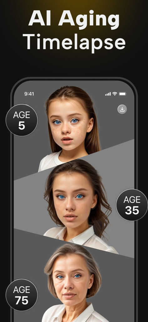 PhotoApp - AI Photo Enhancer - Mobile app screenshot showing an AI aging timelapse feature with a womans face at age 5 age 35 and age 75