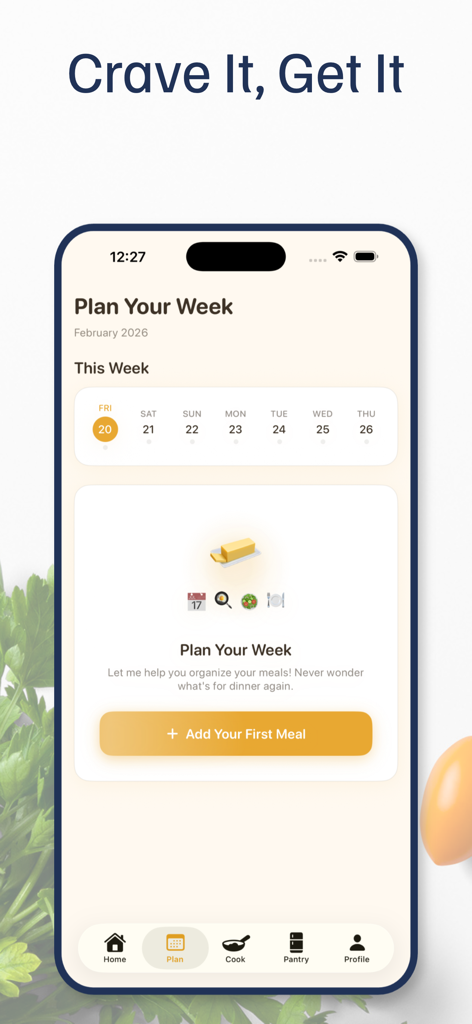 Interface of the Butter app showing the weekly meal planner with a calendar view and an option to add meals.