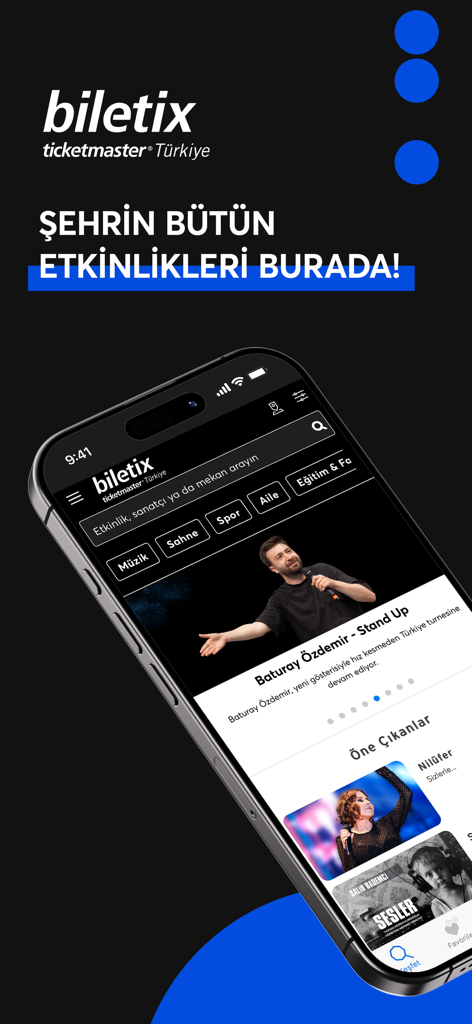 Biletix - Uma imagem promocional do aplicativo móvel Biletix em um smartphone mostrando diferentes categorias de eventos, como música, esportes e teatro.