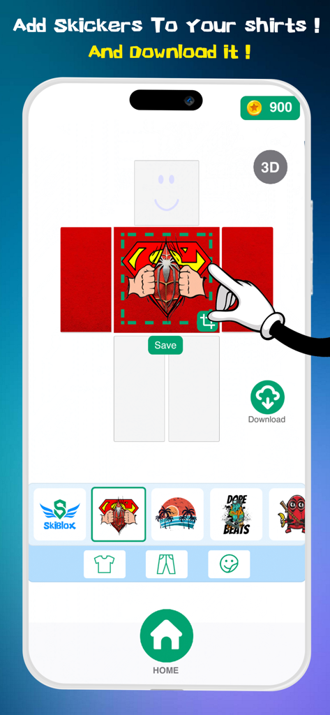 Skins For Roblox - SkiBlox - Mobile app interface showing how to add stickers to Roblox shirts and download custom designs