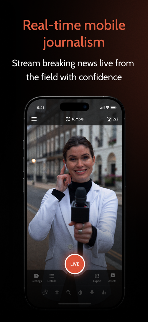 Female journalist streaming live news from the field using Omnistream app on a smartphone