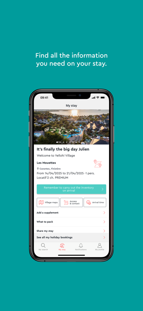 Yelloh! Village Camping - Aplicación móvil Yelloh Village que muestra la información de la estancia del huésped y mapas del camping