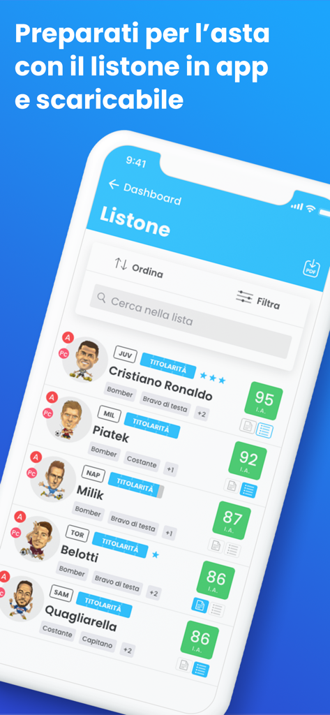 Fantacalcio: Guida per l'Asta - A mobile app screenshot showing a list of Serie A soccer players with their desirability ratings for the fantasy football auction