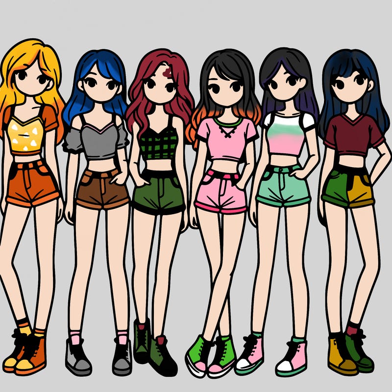 a group of girls wearing crop tops and shorts