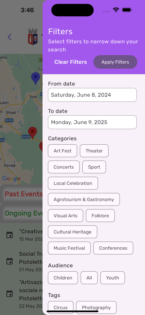 Interface for filtering Albanian tourism events by date category audience and tags in the TEA mobile app