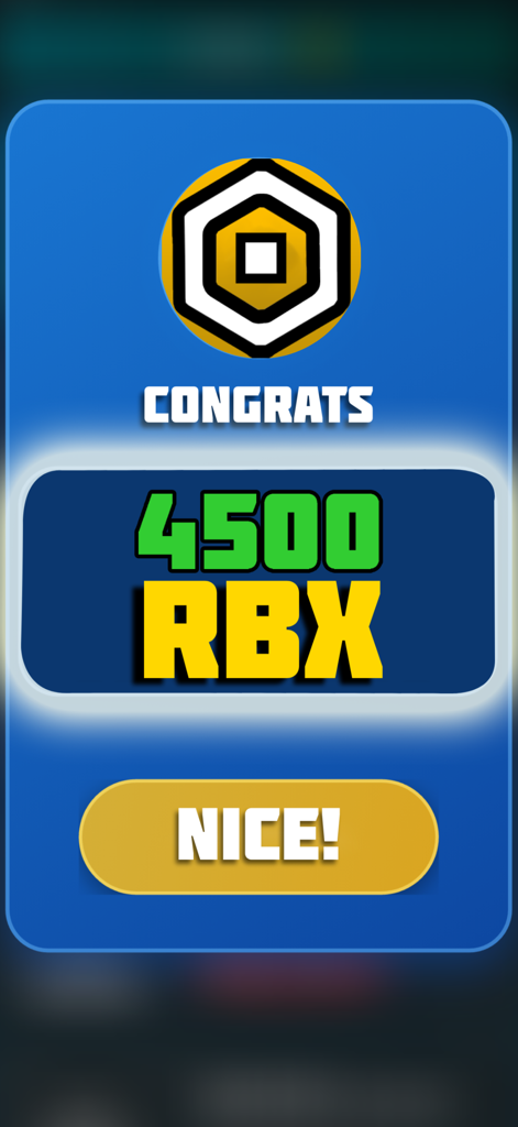Robux Winner Quiz - Un écran de félicitations dans l'application Robux Winner Quiz montrant une récompense de 4500 RBX avec un bouton 'Nice'.
