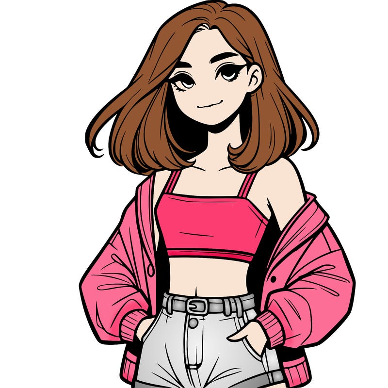 a realistic girl with a crop top and short shorts in an open jacket