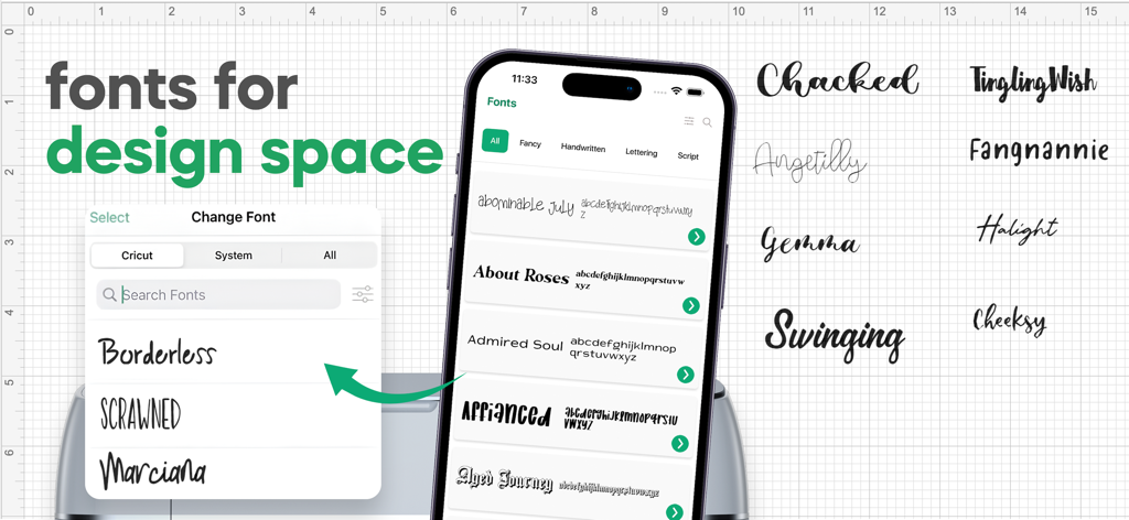 Fonts for DIY Space - A smartphone displaying a variety of stylized and handwritten fonts for DIY crafting projects.