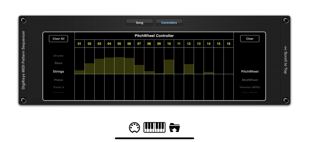 DigiKeys AUv3 Sequencer Plugin - Interface do controlador PitchWheel no sequenciador MIDI AUv3 DigiKeys, mostrando automação baseada em passos.