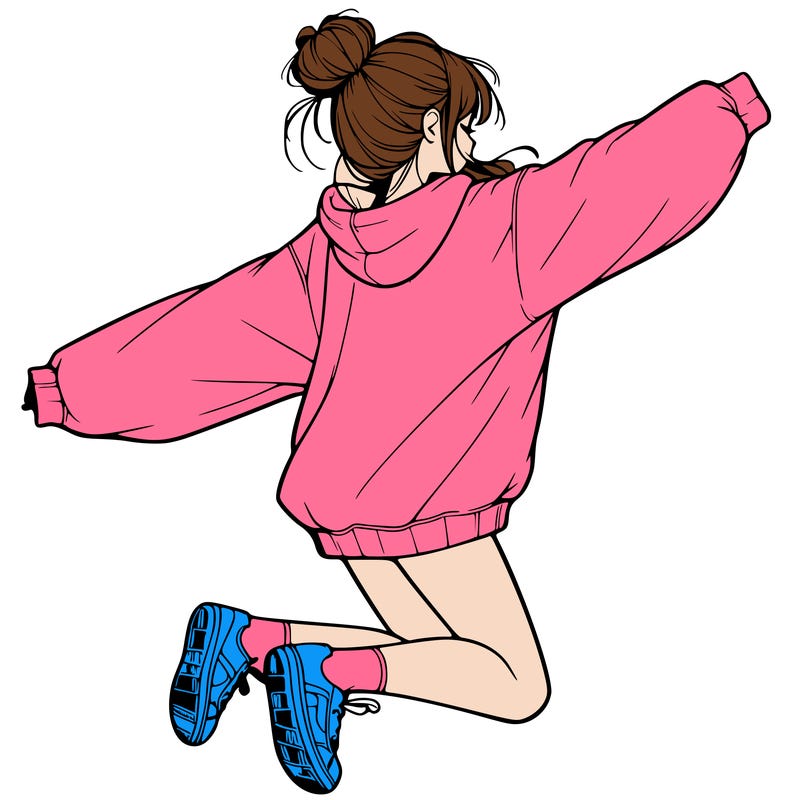 realistic girl jumping with a bun and oversized sweatshirt