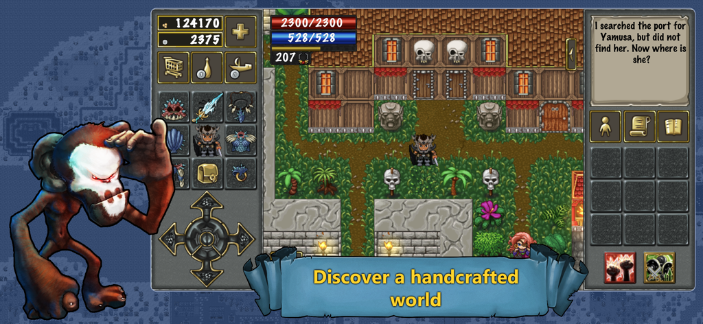 TibiaME - MMORPG - TibiaME gameplay screenshot showing a character in a 2D pixel art handcrafted world with inventory and status bars