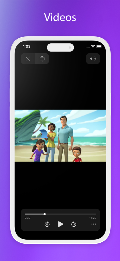 Library Online 2026 - An animated family on a beach playing in the video section of the Library Online 2026 app