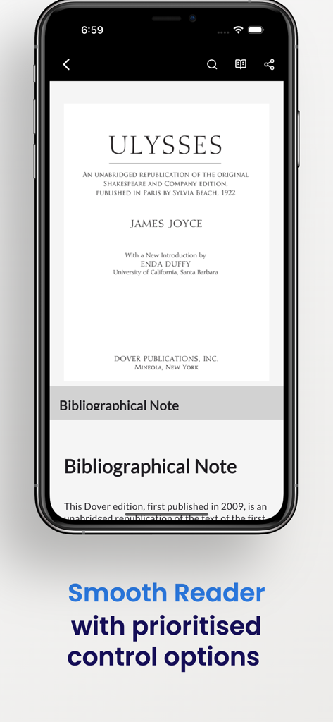 Una pantalla de smartphone que muestra la interfaz del lector de eBooks de la aplicación Grook mostrando Ulises de James Joyce con controles de lectura fluidos.