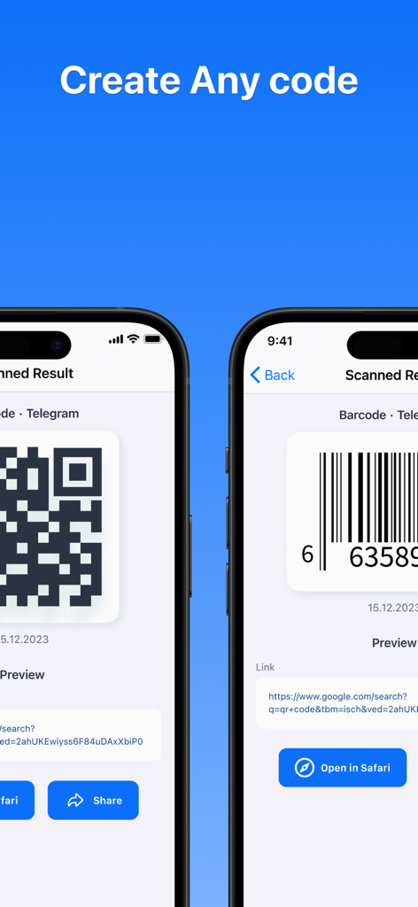 Pantallas de iPhone que muestran la generación de códigos QR y de barras para Telegram.
